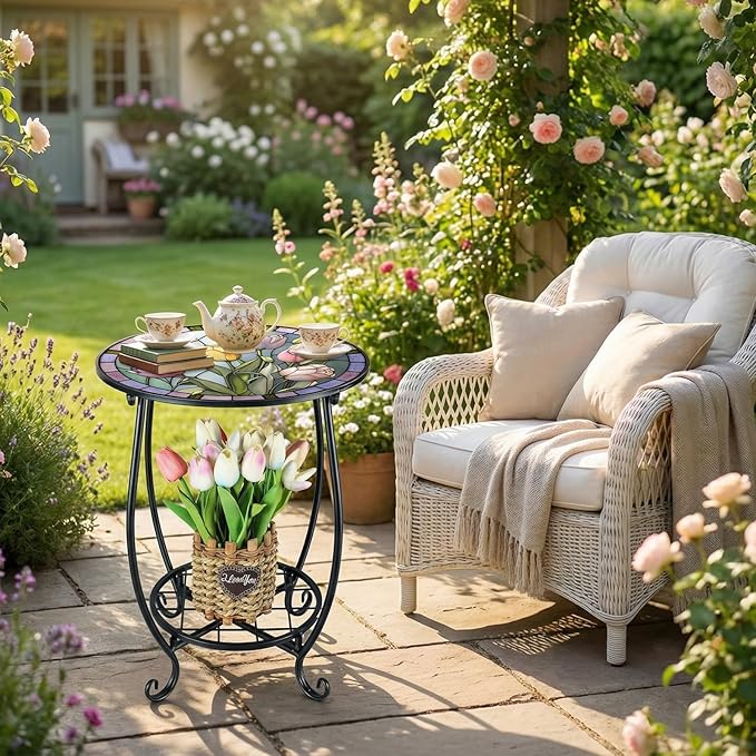 Cinnvoice Outdoor Side Table Round Small Mosaic Patio Accent Indoor End Plant Coffee Tea Table for Yard Patio Porch Garden Living Room, Bedroom(Tulip Style,14 Inch)