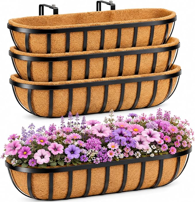 Railing Planter Boxes 30 Inch 4 Pack, 2-in-1 Heavy Duty Adjustable Hanging Window Box Planters with Coco Liners and Support Rods for Deck, Porch, Patio, Outdoor Garden