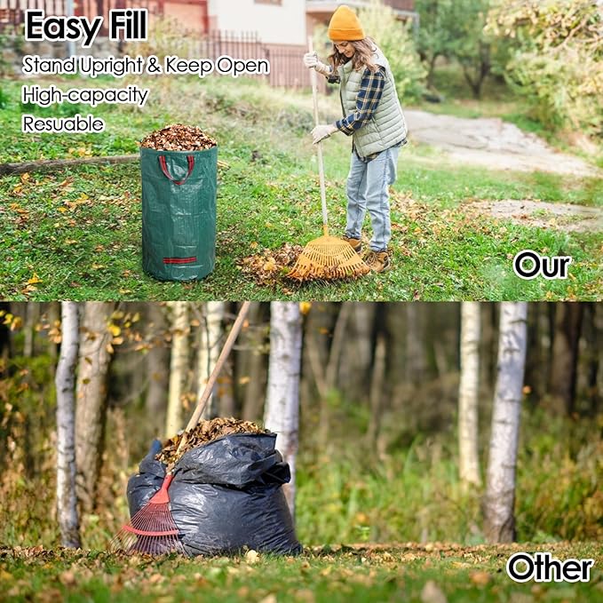 5-Pack 72 Gallon Yard Waste Bags,Reusable Collapsible Garden Leaf Bags with Plastic Ring,Standable,with Gardening Gloves,for Camping & Recycling Leaves,Lawn Debris & Grass Clippings