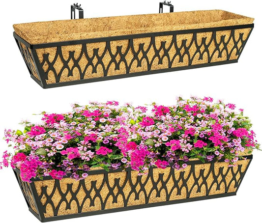 2 Pack 30 Inch Window Boxes Planters Railing Planter Box with Adjustable Brackets for Porch Fence Patio Balcony Hanging Flower Baskets with Coco Liners for Outdoor Garden Decor - Black