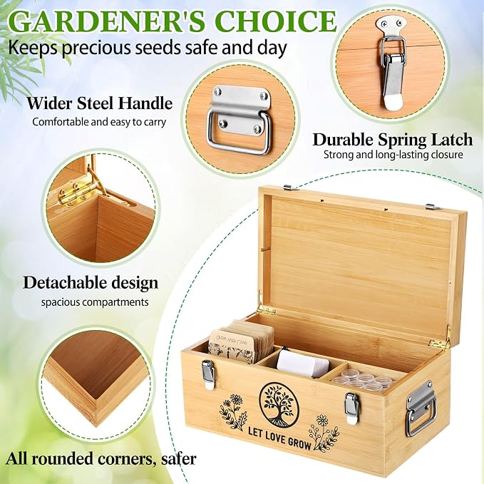Large Bamboo Seed Storage Organizer with Lid and Locks, Seed Organizer Storage Box with 40 Jars, 50 Envelopes, 100 Plant Labels 60 Stickers & More, 4 Compartments for Garden Seeds