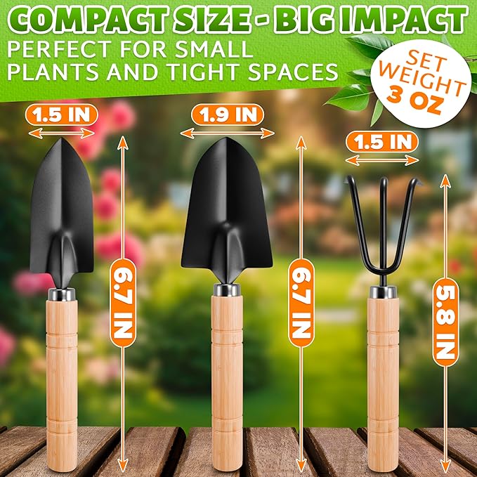 3 Pcs Mini Gardening Tools – Mini Garden Tools Set with Narrow Shovel, Wide Shovel & Hand Rake, Rustproof Metal Build, Ergonomic Wooden Handles – Potting & Transplanting Kit for Indoor Plant Care