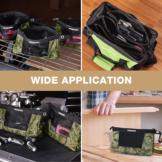 WORKPRO 12" Tool Pouches with Zipper, Heavy-Duty Small Tool Bag, Utility small tool pouch for Tool Organizers and Storage, Mini Tool Bag, 3 Pack, Camo