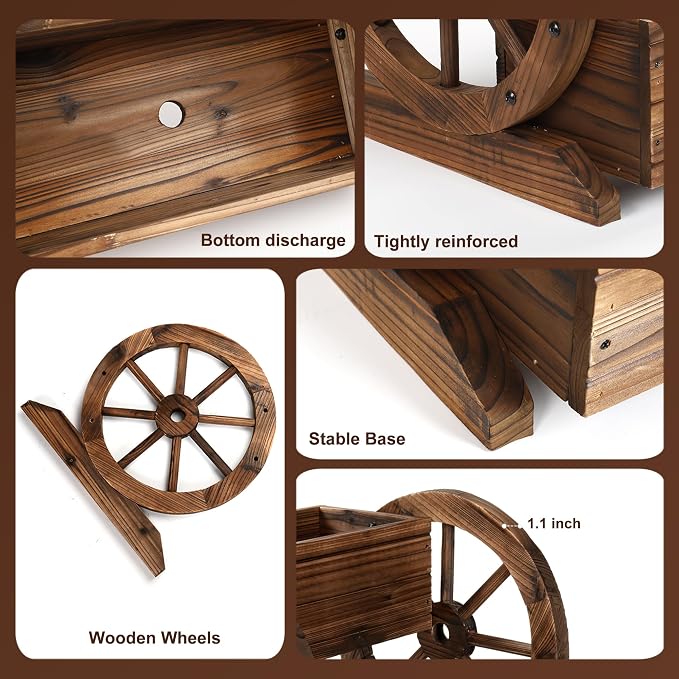 OIPRTGFJ Wooden Wagon Planter Box, Garden Planter with Wheels,Decorative Planter for Flowers Herbs Vegetables for Indoor & Outdoor Décor, Flower Cart for Patio Garden Balcony