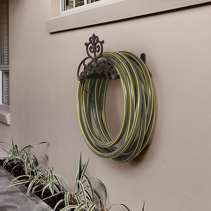 MyGift Brown Heavy Duty Cast Iron Outdoor Garden Hose Hanger Wall Mounted Water Hose Holder Reel with Vintage Scrollwork Design