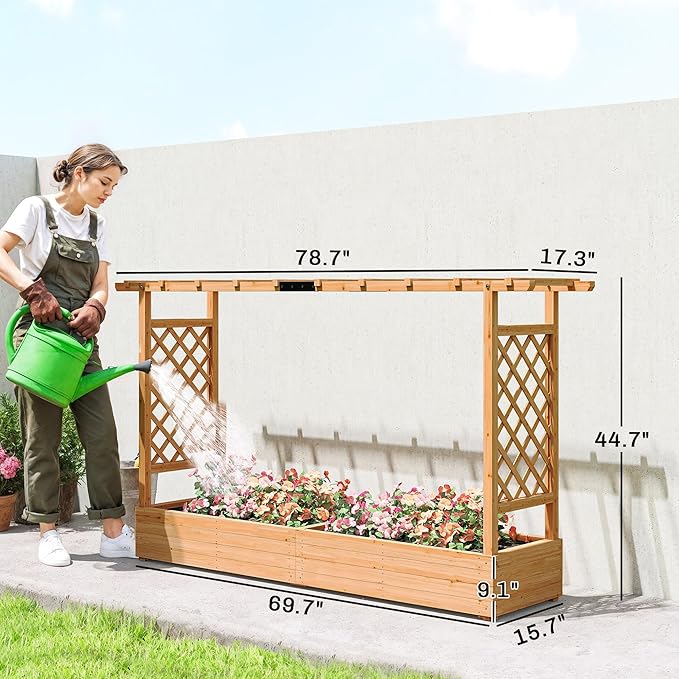Outsunny Raised Garden Bed with Trellis, Wooden Planter Box with Drainage Holes and Hanging Roof, Outdoor Flowers Box for Herbs, Vegetables, Climbing Plants, 78.7" x 17.3" x 44.7"