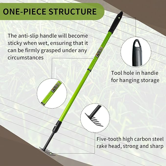 Garden Rake with Telescopic Handle (27-39") Adjustable, Long Handle Small Hand Rake for Gardening Flower Beds & Tight Spaces, 5-Tine Metal Cultivator No Bending Elderly Friendly Weeding Tool