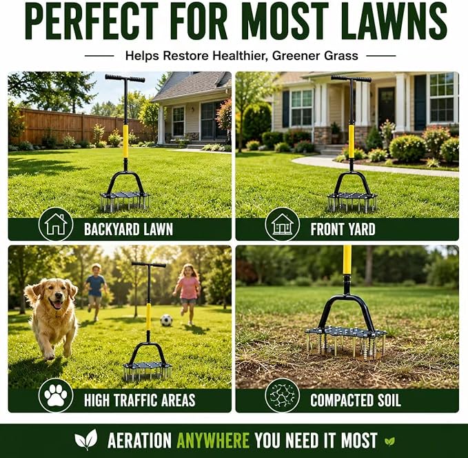 Manual Lawn Aerator Tool – Pre-Assembled 16-Spike Yard Aerator with Ergonomic T-Handle, Double-Spring Auto Dirt Clean, Heavy Duty Steel Grass & Soil Aerator for Lawn Aeration
