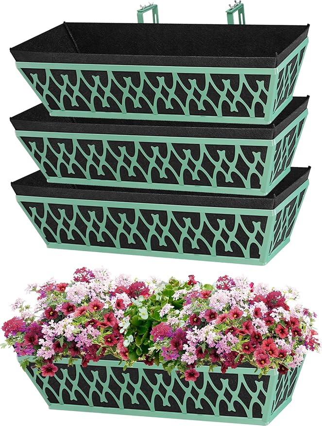 4 Pack 24 Inch Window Boxes Planters Railing Planter Box with Adjustable Brackets & Non-Woven Fabric Plant Grow Bags Deck Railing Planter Boxes Balcony Hanging Flower Box for Outdoor Plants