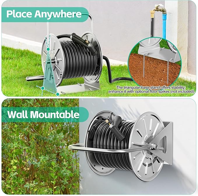 SPECILITE Stainless Steel Garden Hose Reel, Portable Outdoor Metal Wall Mount/Floor Spool, Holds 5/8 Inch 75ft Capacity, with 6ft Leader Water Pipe, UV Resistant Yard, Patio