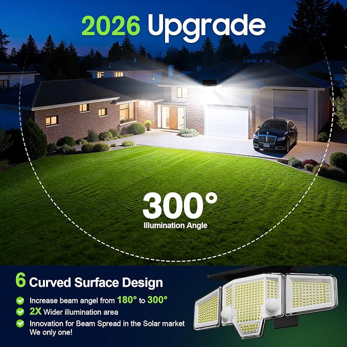 2026 Solar Motion Sensor Lights Outdoor 4Pack, Dual PIR & Curved 300° Wide Beam, 4000LM Solar Flood Lights Larger 3500mAh,Adjustable Solar Security Spot Lights Waterproof for Yard- Black