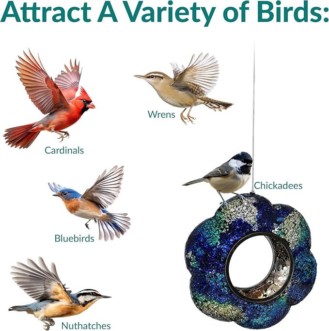 Sunnydaze 10-Inch Glass Mosaic Hanging Bird Feeder for Outdoors - Fly-Through Glass Bird Feeder for Cardinals, Jays, Finches and More - Indigo Flower Mosaic