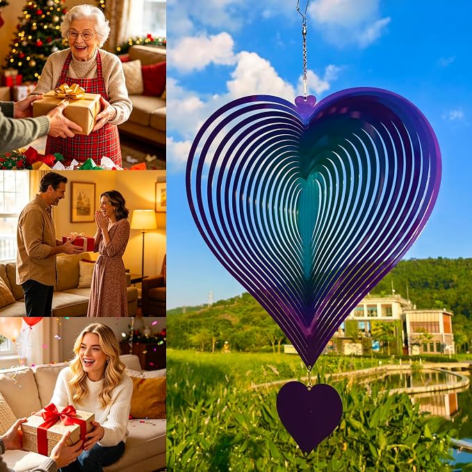 DJUAN 15in Large Heart Wind Spinner Garden Decor,Gifts for Women,Mom and Grandma,Mother's Day,Birthdays, Purple-Green Stainless Steel Hanging Yard Art Outdoor & Indoor Decorations