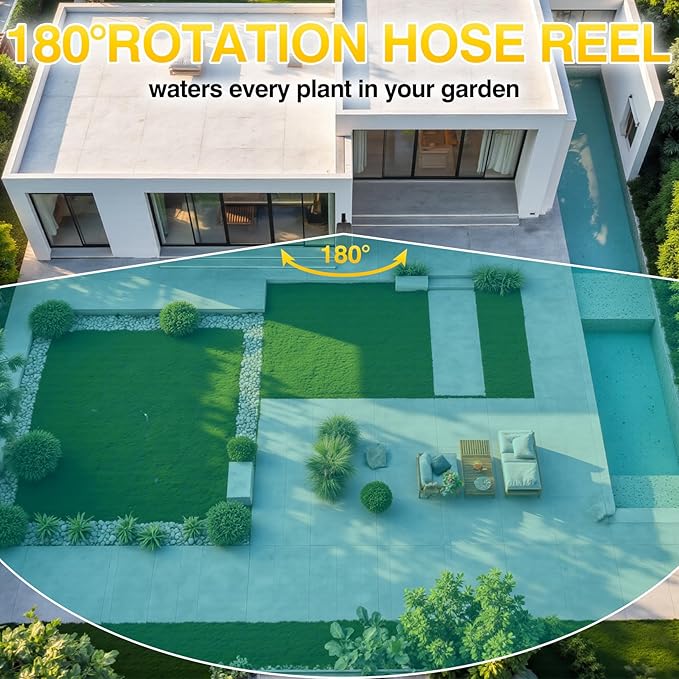 Retractable Garden Hose Reel 100 ft x 1/2" | Any Length Lock & 180°Swivel | All-weather Garden Hose Reel Wall Mount for Outside, Retractable Hose with 10-Pattern Nozzle for Cleaning, Watering