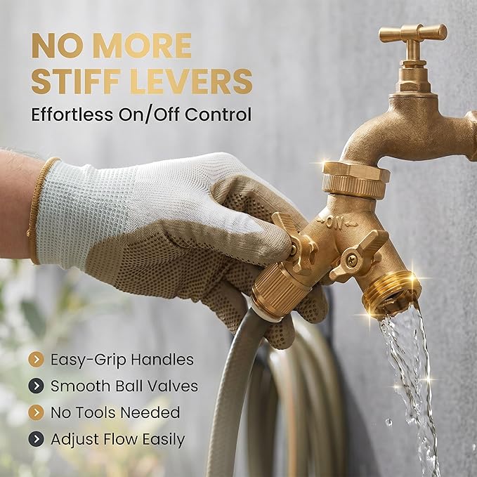 Morvat Brass Heavy-Duty Garden Hose Water Splitter | LEAD-FREE 2-Way Y Splitter for Water Spigot & Faucet | Manifold Connector ON/OFF Valves w/Improved Comfort Grip, 3 Extra Washers & Teflon Tape