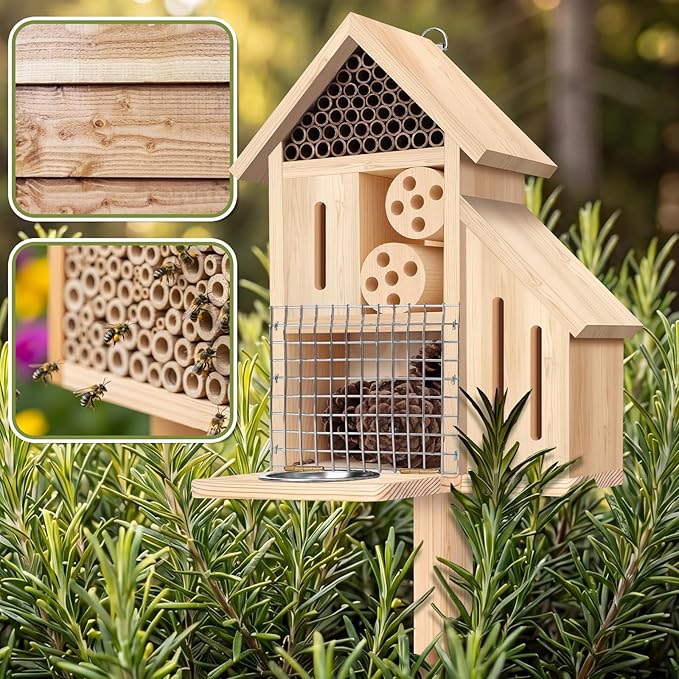 Hoteam Wooden Insect Hotel Bee Ladybugs Butterfly House Large Natural Mason Bee Lady Bug Hotel with Stake and Feeder for Garden Yard Backyard Attract Butterflies Pollinators Beneficial Insect(Natural)