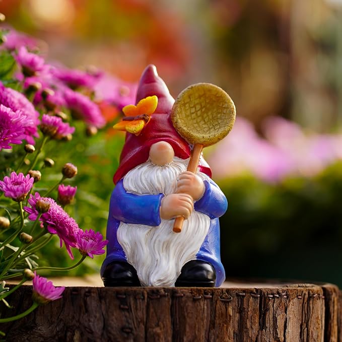Garden Gnome Statue with Butterfly Net - Hand-Painted Resin Figurine 6.1in, Weatherproof Outdoor Decor for Patio, Yard, Lawn - Durable Indoor/Outdoor Accent, Gift for Mom,Women