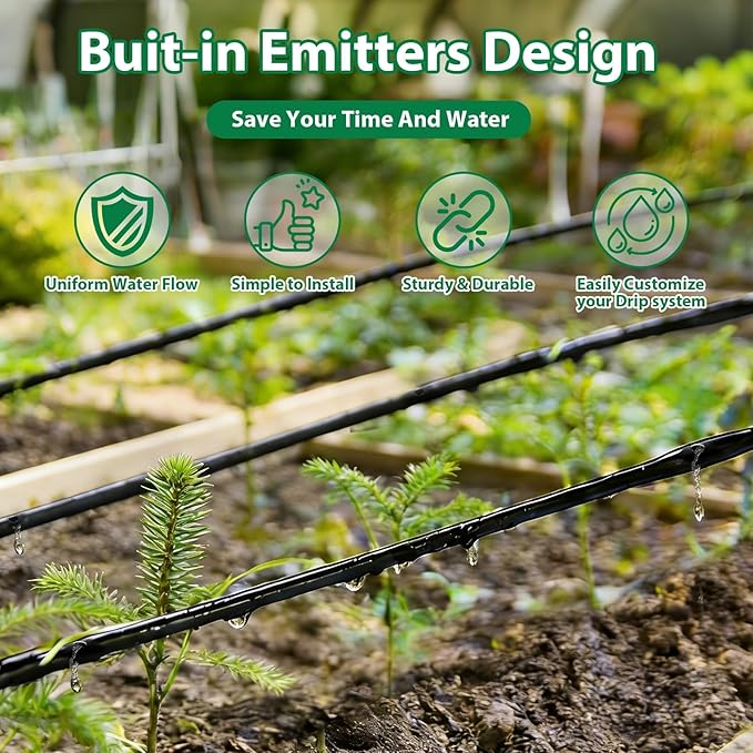 100FT Drip Line Kit Kalolary 1/4 Inch Hydroponics Dripline Hose with 6" Emitter Spacing Drip Irrigation Tubing Drip System Parts with End Plugs Coupling for Garden Lawn Farm Hydroponics