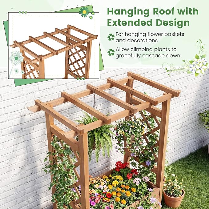 Giantex Raised Garden Bed with Sided Trellis & Roof, 31”x16”x41” Wood Elevated Planter Box, Freestanding Garden Planter Raised Bed for Flowers Herbs Climbing Vines,Brown,1