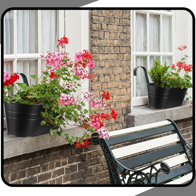 Hicarer Metal Hanging Flower Pots for Railing Fence, Large Hanging Rail Planters for Outdoor Window Balcony Plants Holder with Hooks for Garden Yard Home Decor(Black,4 Pcs)