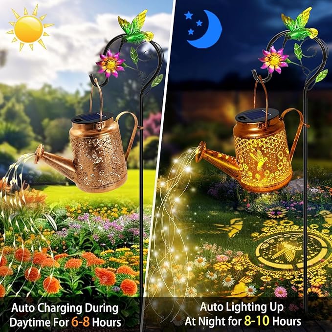 Big Solar Lanterns Outdoor Waterproof, Gifts for Mom Grandma Women Wife Daughter Mother's Day, Hummingbird Sunflower Watering Can with Shepherd Hook, Hanging Lanterns, Solar Path Lights Outdoor Decor