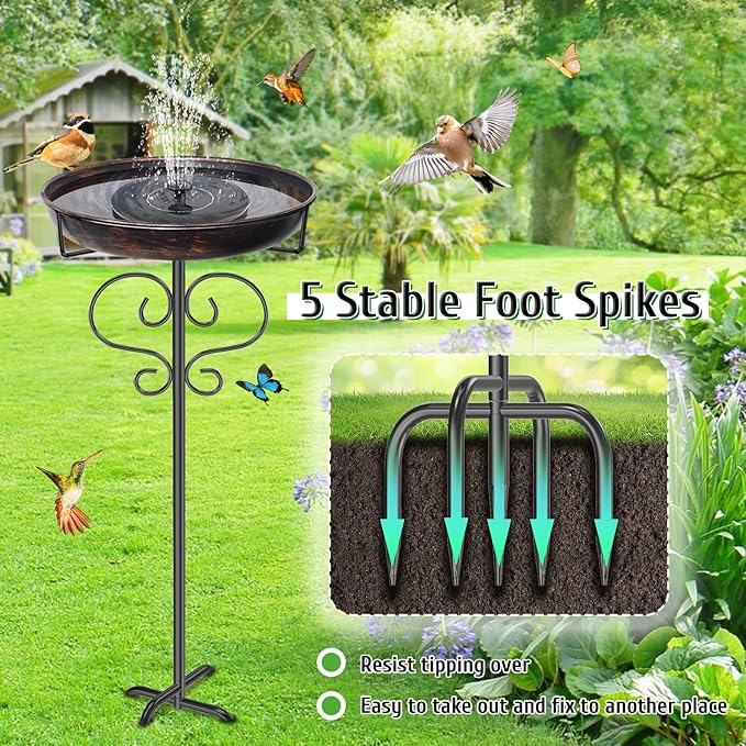 Freestanding Bird Bath for Outside, Metal Birdfeeder with Heavy Duty 5 Prong Base Stand, Detachable Garden Bird Bath Bowl for Outdoor Yard Lawn Patio Decor (Antique Bronze)