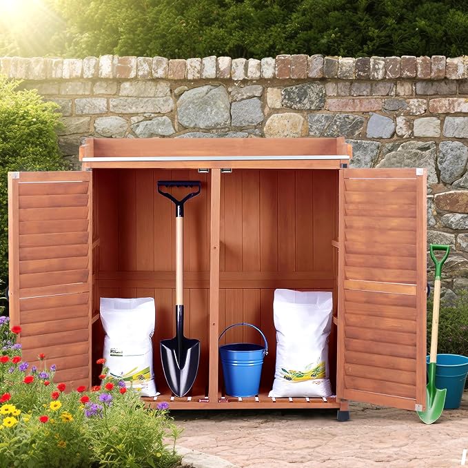Outdoor Storage Cabinet & Potting Bench Table with Metal Work Top, Vented Louvered Doors, Wooden Patio Furniture, Garden Workstation, Latte, 36x31x17in