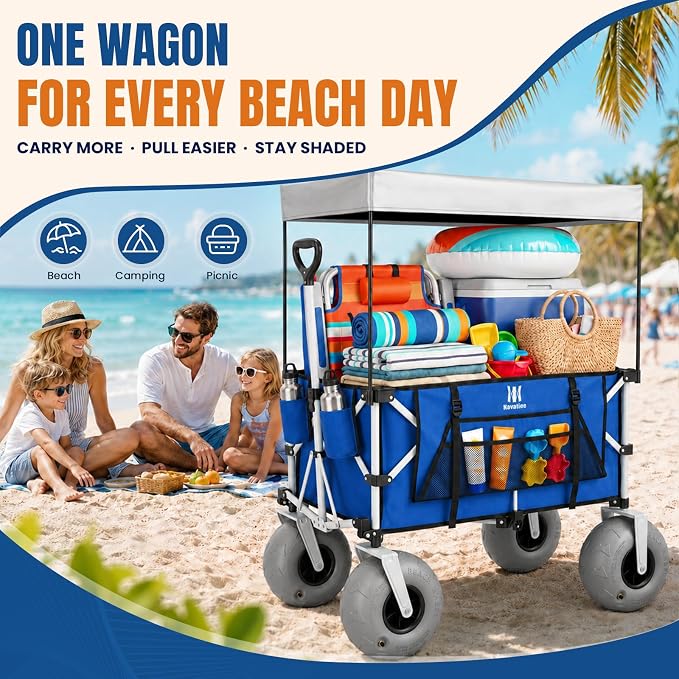 Navatiee Beach Wagon with Big Balloon Wheels for Sand, 200L Extra Large Beach Cart with Canopy, 440Lbs Heavy Duty Folding Wagon Collapsible with 9" Tires & Side Pocket for Beach, Outdoor, Blue