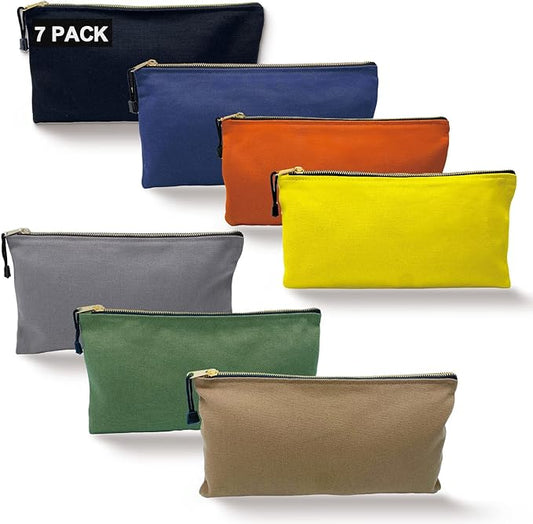 Heavy Duty Canvas Tool Bag Organizer – 7 Pack Zipper Utility Pouches in Assorted Colors (12.5″ x 7″) – Multipurpose Storage for Tools, Craft Supplies, Electronics, Travel, Home & Workshop