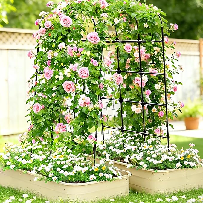 7.3FT Cucumber Trellis for Raised Bed, Garden Arch Trellis with Net, Rustproof Metal Plant Support for Climbing Plants Outdoor, Tomato Zucchini Squash Bean Pea Melon Vine, Rose Flower Garden Arbor