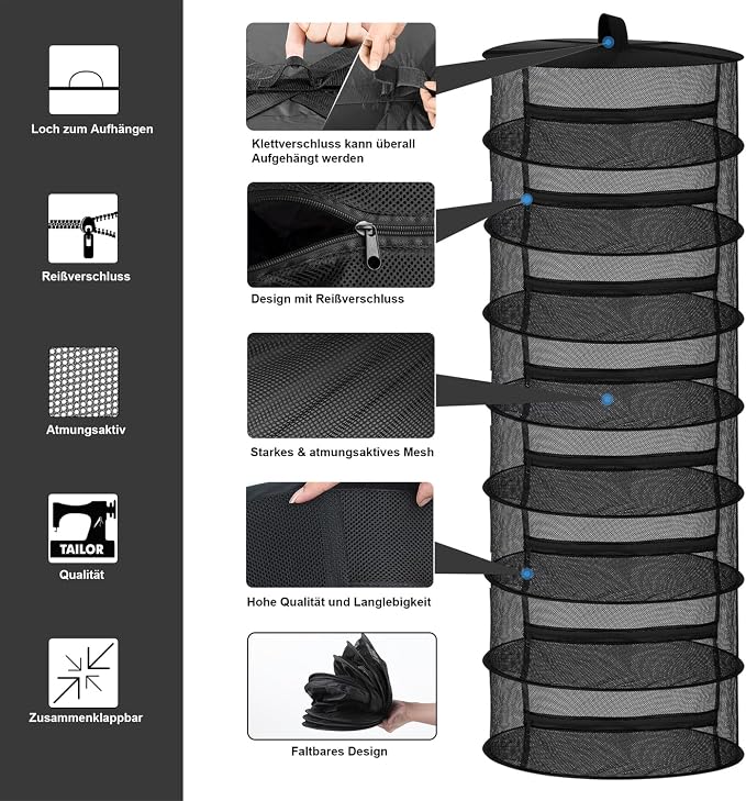 Desy & Feeci Drying Net Herbs 8-Layer Hanging Herb Drying Rack Drying Net with Zippers, Black, 23.6 x 63 inches