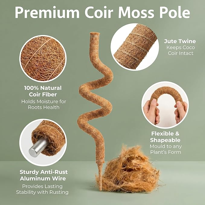 30 Inches Bendable 2 Pack Moss Pole Monstera Plant Support Stakes - Moss Poles for Climbing Plants, Plant Stakes for Indoor Plants - Coco Coir Pole Moss Stick for Monstera, Pothos.