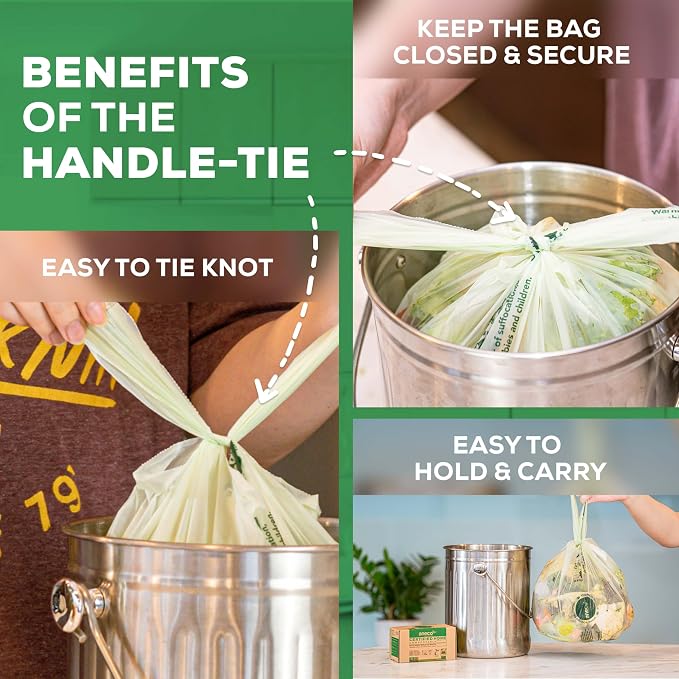 ANECO 100% Compostable Food Waste Bags 1.6 Gallon With Handles (30 Count), Small Compost Bags for Countertop Bin, OK Compost HOME & BPI Certified Compostable Kitchen Food Waste Bags