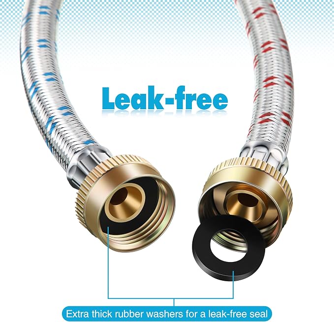 Dreyoo Hose Y Connector, 1 Ft Washing Machine Y Hose Split Stainless Steel, 3/4 Inch Brass Fittings, Hot and Cold Color Coded for Washing Machine Outdoor Faucets(2 Pcs)