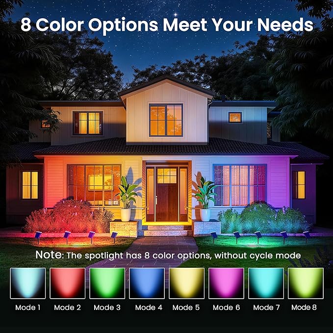 JEJOT Color Changing Solar Spot Lights Outdoor Waterproof IP65,8 Lighting Modes Multicolor RGB Christmas Spotlight for Porches Yard Gardens Landscape Deconrations-8 Pack