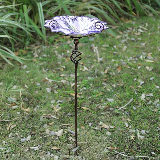 VCUTEKA Glass Bird Bath Outdoor BirdBath Bird Feeder with Metal Stake Garden Decor, Purple