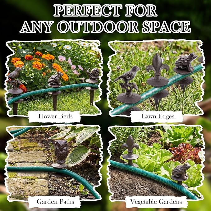 Briwooody 5 Pcs Heavy Duty Garden Hose Guide Stakes, Metal Cast Iron Water Hose Guide Spike Garden Stakes Decorative for Outside Flower Beds Plant, 1214 inches (Groovy)