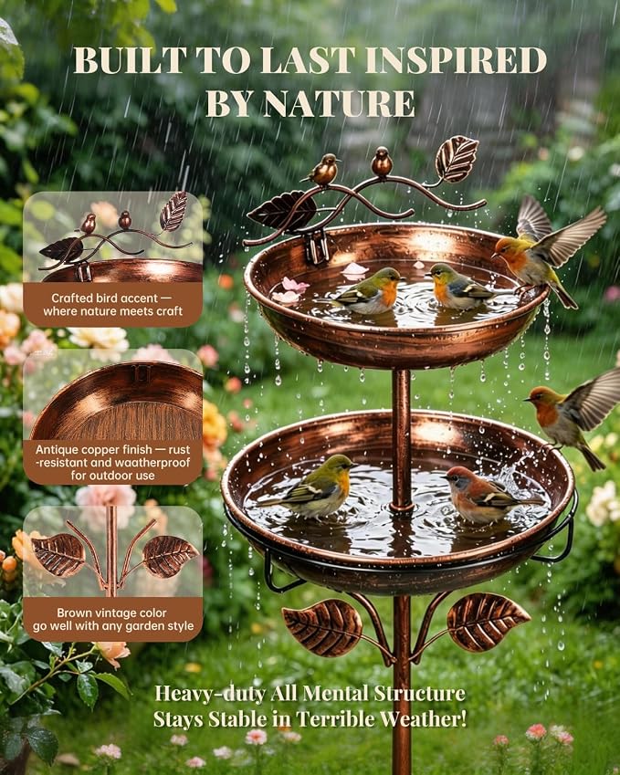 Breeze Touch 2-in-1 Metal Bird Bath for Outdoor, Vintage Garden Bird Bath with Detachable Birdbaths & Birdfeeder Bowl, Free Standing Bird Feeder with 5 Prongs Base Stake for Yard Lawn Decor(Bronze)