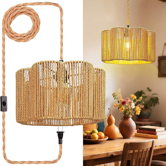 Hanging Lights with Plug in Cord Rattan Hanging Lamp Boho Ceiling Light Fixtures Farmhouse Pendant Lamp Shape for Living Room Bedroom Kitchen