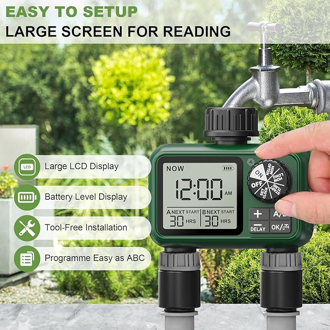 Water Timer for Outdoor Garden Hose, Sprinkler Timer for Garden Faucet with Auto/Manual/Rain Delay Mode, Sprinkler Irrigation Controller for Yard Lawn (2 Zone Plastic Inlet)