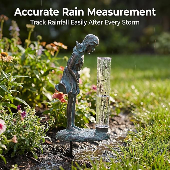 Topadorn Rain Gauge Stake Outdoor, Decorative Girl Garden Statue with 5 Inch Clear Rainfall Tube, Weather Resistant Resin Rain Gauge for Yard, Lawn and Flower Beds