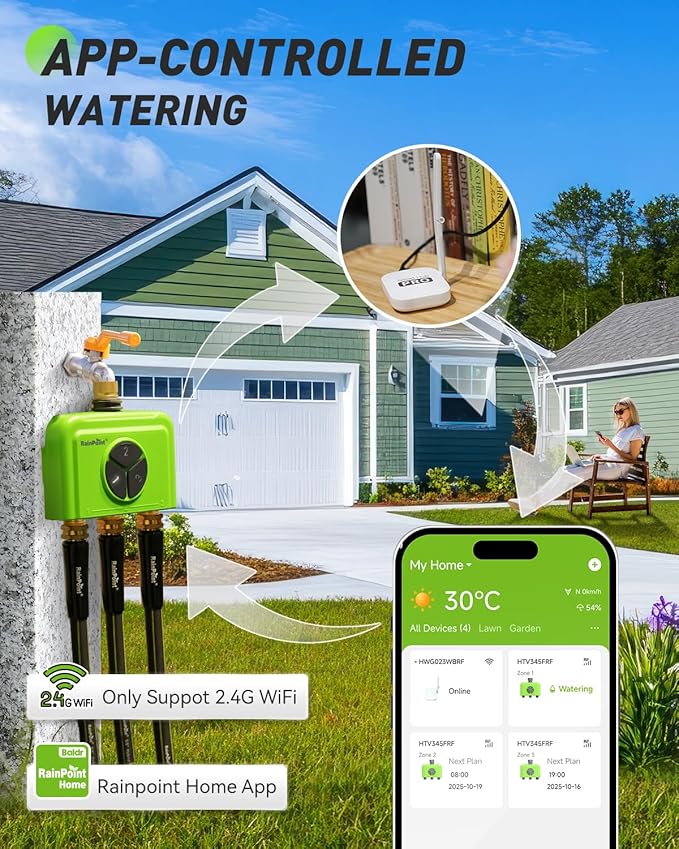 RAINPOINT 3 Zone WiFi Water Timer with Smart Gateway, Brass Inlet/Outlet WiFi Sprinkler Timer, Voice Control, Smart Watering System by Time/Weather/Quantity/Soil Moisture, (Green, 3 Zone)
