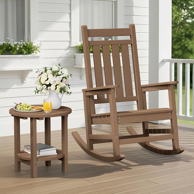SERWALL Round Outdoor Side Table Set of 2, HDPE Small Adirondack Double End Table, Brown
