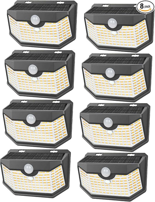 HMCITY 120 LED Outdoor Solar Lights- with Motion Sensor and 3 Lighting Modes, IP65 Waterproof Wide Solar Wall Lights Ideal for Garden Patio Yard (Front Button 8Packs, Black Shell-Warm White)
