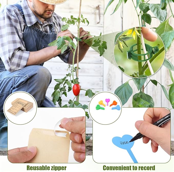 Seed Storage Organizer Box with Dividers, Large Metal Seed Packet Organizer Includes 50 Seed Envelopes, 100 Plant Labels & 50 Plant Clips, Garden Seed Storage Container