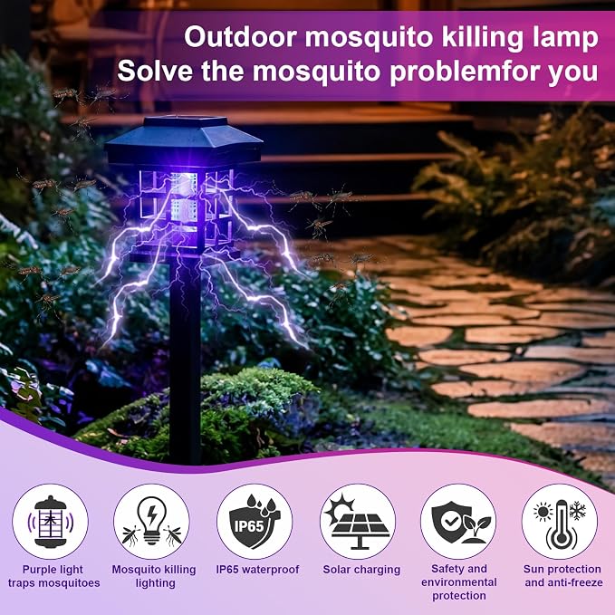 4 Pcs Solar Bug Zapper Outdoor Waterproof 2 in 1 Mosquito Zapper Solar Powered Mosquito Fly Trap Repellent Lamp Kills Bugs LED Lamp with Flame Purple Light for Garden Patio Yard Lawn (Black)