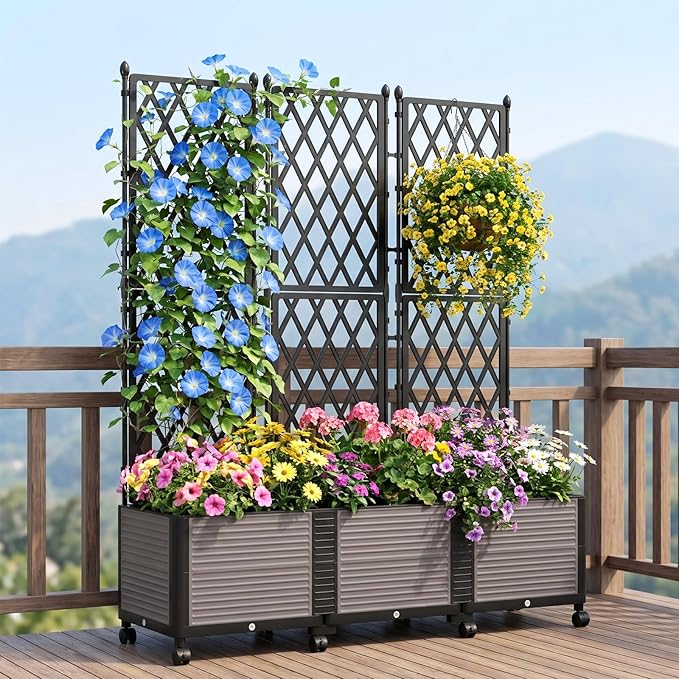 Raised Garden Bed Planter Box with Trellis, 63''H Tomato Planters for Climbing Plants Vegetable Vine Flowers Outdoor Patio Tomato Cage, Self Watering Planter with Wheels