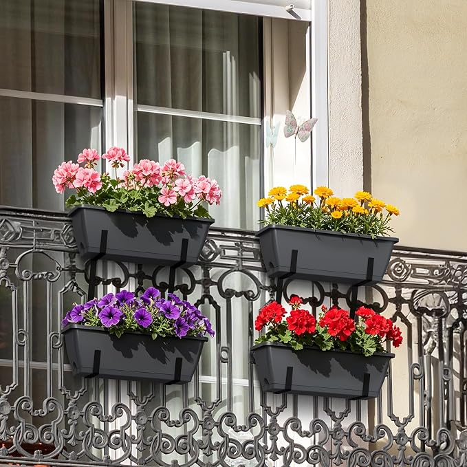 Rectangle Planters Box, 4 Pack Deck Hanging Planters for Railings, Window Box Planter with Drainage Holes & Trays, 16.9 Inch Balcony Planters Railing Hanging with Metal Brackets, Grey