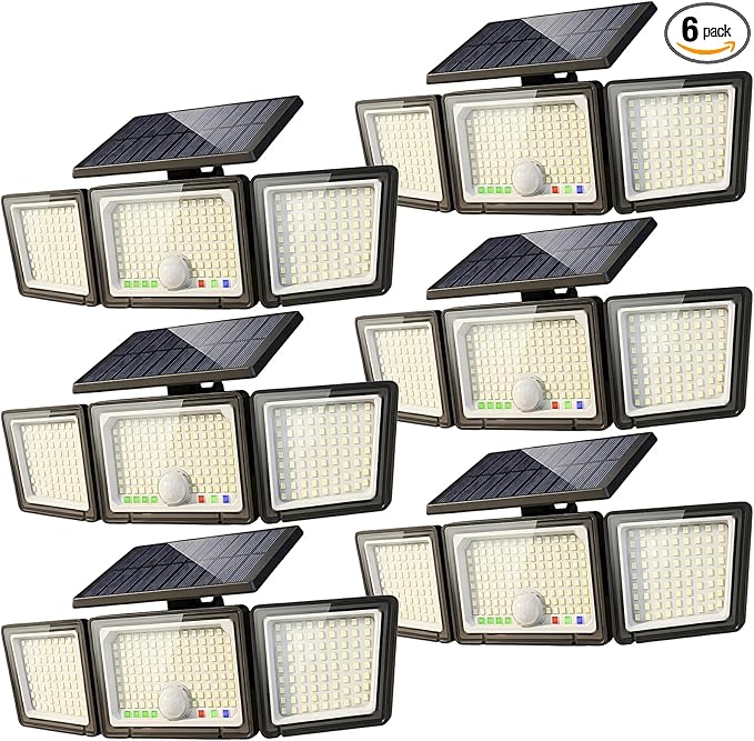 Solar Outdoor Lights Motion Sensor, 2500LM 286 LED Security Flood Lights with Visual Battery & Mode Display, 3 Lighting Modes, IP65 Waterproof 3-Head Wide Angle for Garage, Yard, Patio (6 Pack)