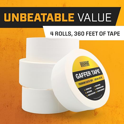 Lockport White Gaffers Tape 2 inch x 30 Yards - 4 Pack Pro White Gaff Tape - No Residue, Water Resistant, Non-Reflective, Easy Tear - Multipurpose